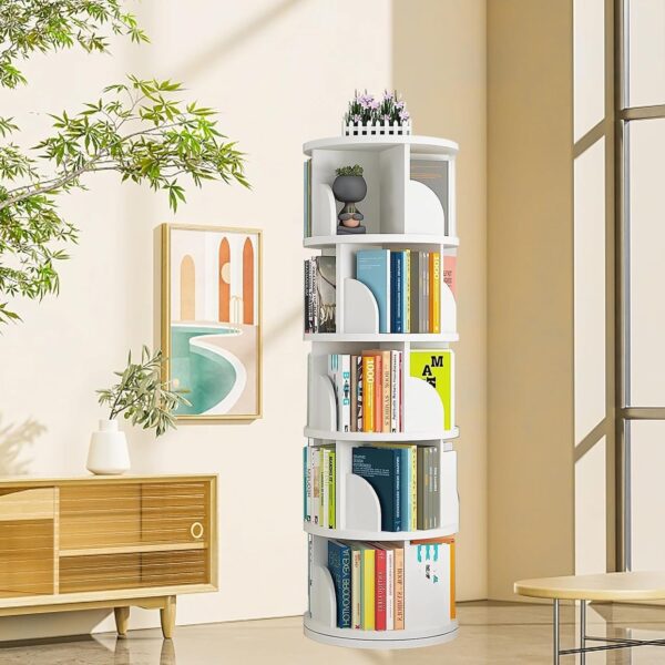 Rotating 5-Tier Bookshelf Tower – 360° Display Bookcase for Small Spaces, Bedroom & Living Room