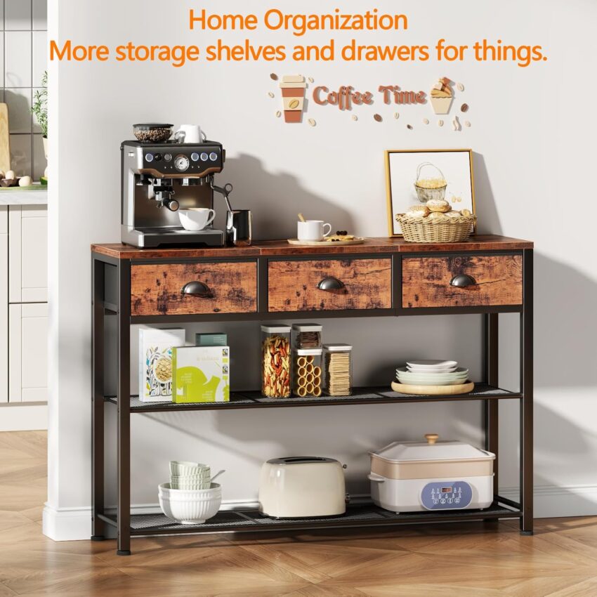 38" Entryway Table – Rustic Brown, 3 Drawers, Storage Shelves