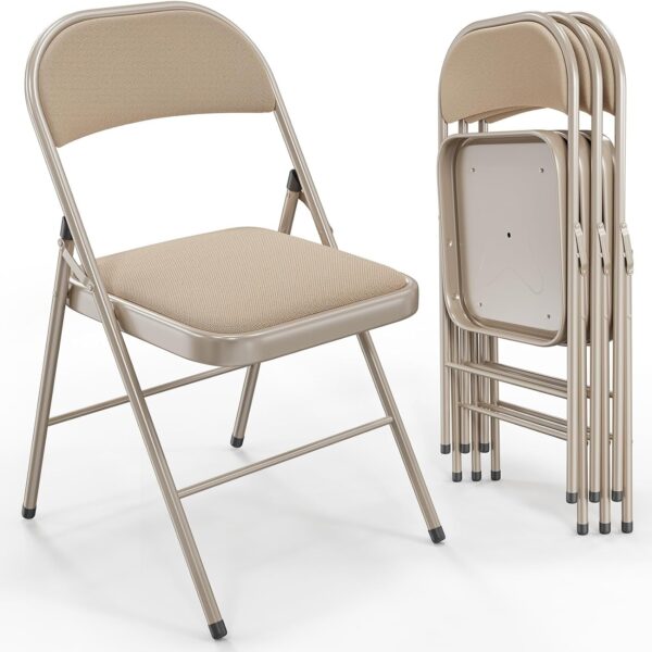 Set of 4 Folding Chairs with Padded Fabric Seats & Backs, 350 lbs Capacity, Metal Frame, Khaki