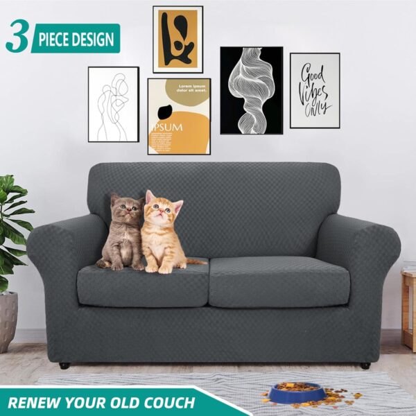 Checkered 3-Piece Loveseat Cover – High Stretch Slipcover for 2-Cushion Sofa, Pet-Friendly (Dark Gray, 55"-69")