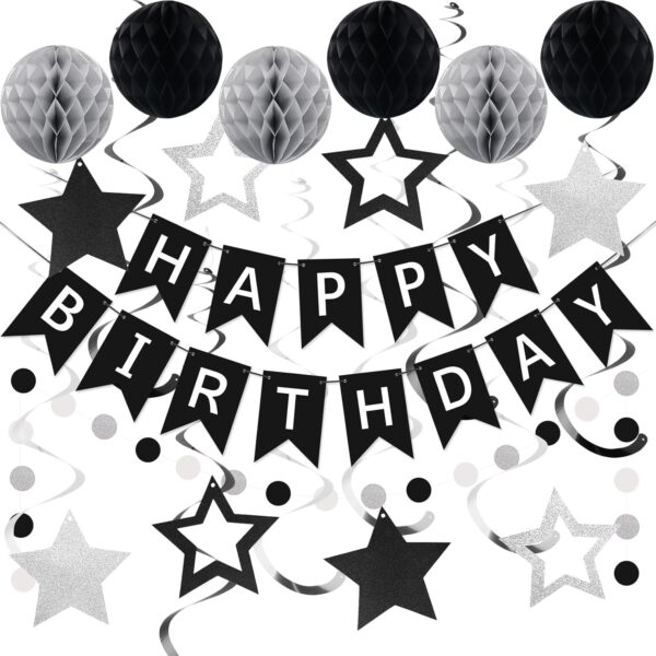 Black & Silver Birthday Decorations – Banner, Honeycomb Balls, Swirls & Garland for All Ages