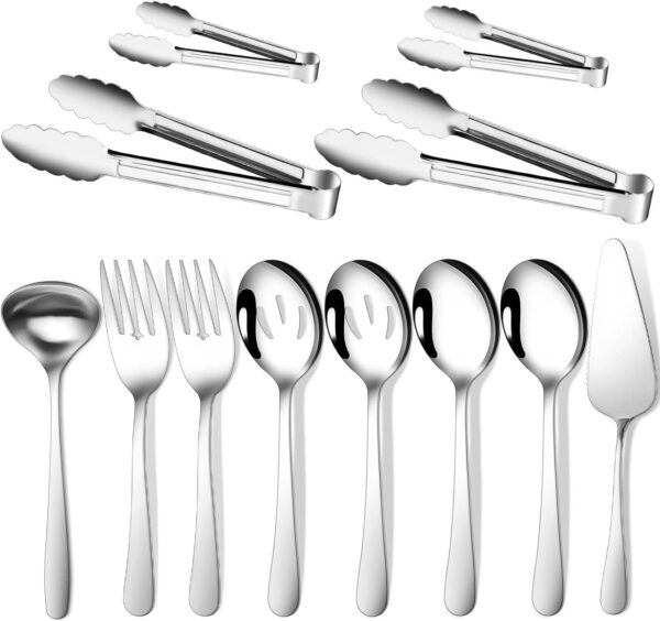 12-Piece Serving Set – Spoons, Forks, Tongs, Ladle, Cake Server & Appetizer Tongs for Buffet & Catering