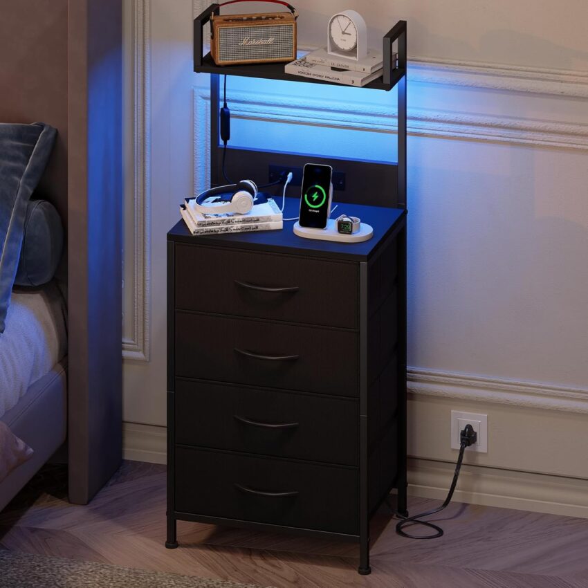 Black Nightstand with LED & Charging Station – 4 Drawers + Shelf