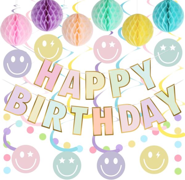 Pastel Birthday Decorations – Pre-Strung Banner, Honeycomb Balls, Swirls & Garland (No DIY Needed)
