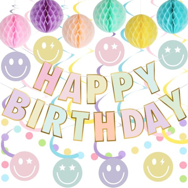 Pastel Birthday Decorations – Pre-Strung Banner, Honeycomb Balls, Swirls & Garland (No DIY Needed)