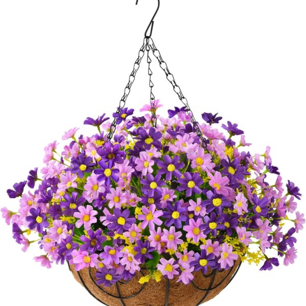 Purple Artificial Daisy Hanging Flowers in Basket – UV Resistant Faux Plants for Outdoor Patio, Lawn & Garden Decor