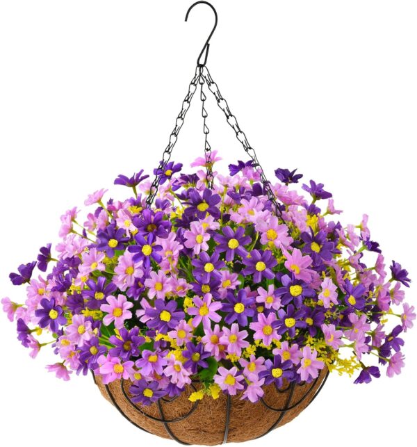 Purple Artificial Daisy Hanging Flowers in Basket – UV Resistant Faux Plants for Outdoor Patio, Lawn & Garden Decor