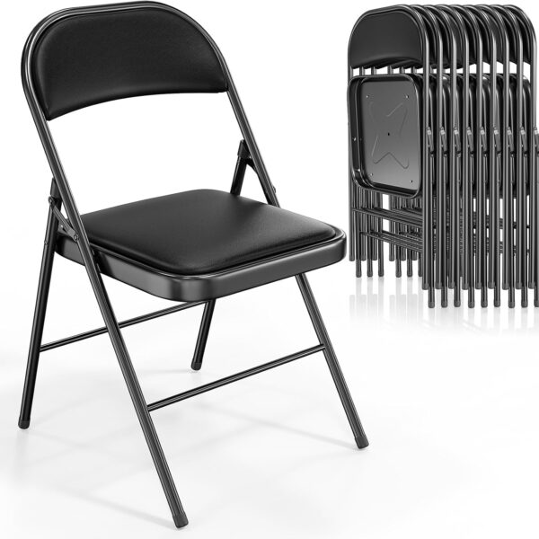 10-Pack Folding Chairs, Black PU Leather with Metal Frame, 350 lbs. Capacity