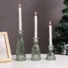 Set of 3 Vertical Stripe Glass Candlestick Holders – Green Vintage Decor - Image 4