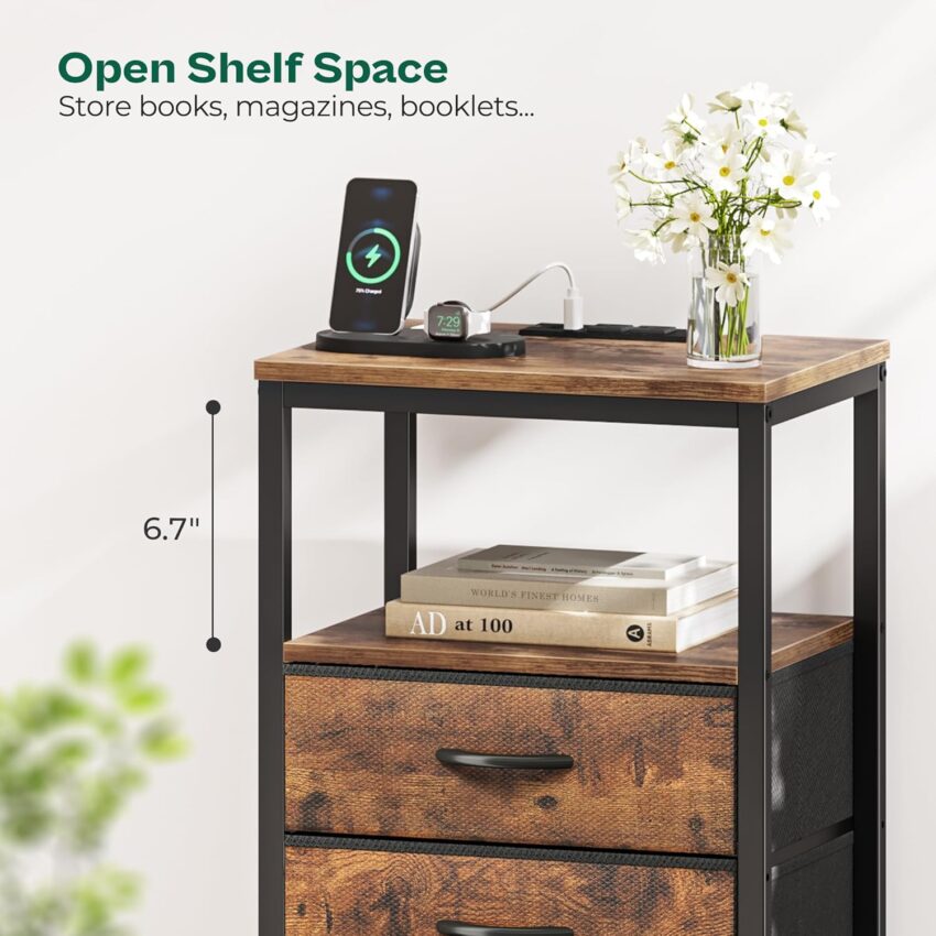 5-Drawer Dresser with Charging Station – Tall Nightstand & Chest of Drawers (Rustic Brown)