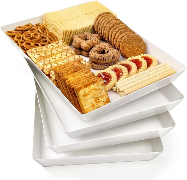 4-Pack 16" x 11" Plastic Serving Trays – Reusable White Platters for Cookies, Snacks, Dessert & Party Display