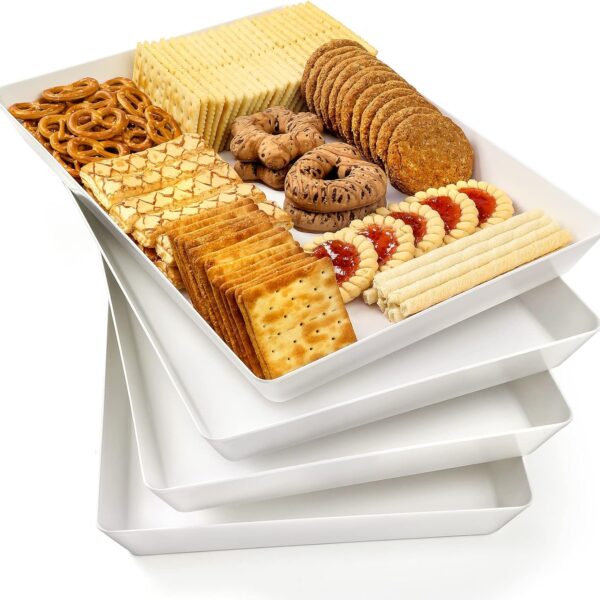 4-Pack 16" x 11" Plastic Serving Trays – Reusable White Platters for Cookies, Snacks, Dessert & Party Display
