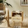 Rattan Nightstand – Oak Farmhouse Side Table with Drawer & Shelf - Image 4