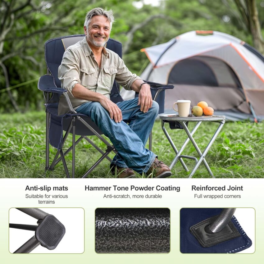 2-Pack Oversized Folding Camping Chairs – Heavy-Duty Padded Outdoor Chairs with Cup Holder, Storage & Cooler Bag, 450 lbs. Capacity