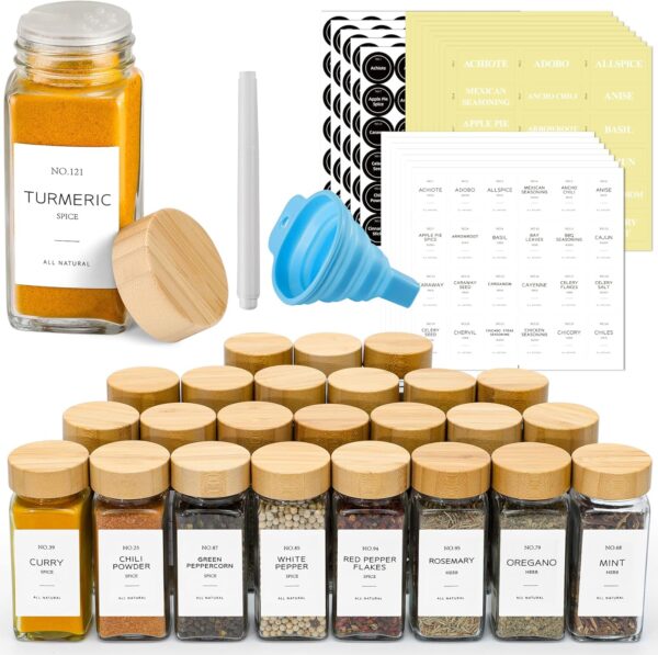 24 Glass Spice Jars with Bamboo Lids – 4 oz Set with Labels, Funnel & Storage for Rack, Cabinet, Drawer