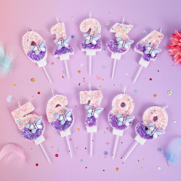 Glitter Number 5 Candle – Pink & Purple Butterfly Cake Topper for Girls & Women