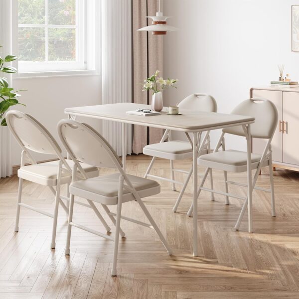 "5-Piece Folding Table and Chairs Set, PU Upholstered, Portable & Foldable, Beige"