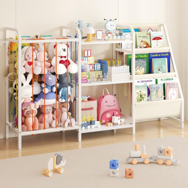 "B1 Kids Bookshelf & Toy Storage – 3-Tier Sling Bookcase for Nursery & Playroom, White"