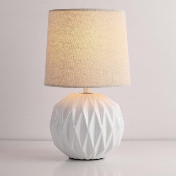 White Ceramic Table Lamp, Textured Mid-Century Design with Linen Shade, 12" Small Bedside Light