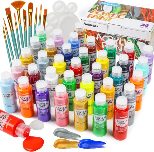 36-Color Acrylic Paint Set (2 fl oz) – Includes Fluorescent & Metallic Colors for DIY Art