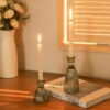 Set of 3 Vertical Stripe Glass Candlestick Holders – Green Vintage Decor - Image 3