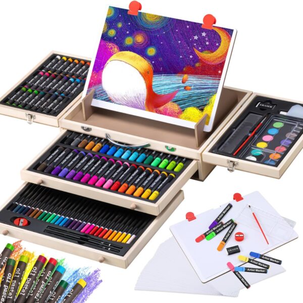Wooden Art Set with Easel – Deluxe Kids Craft Kit with Pencils, Pastels & Watercolors