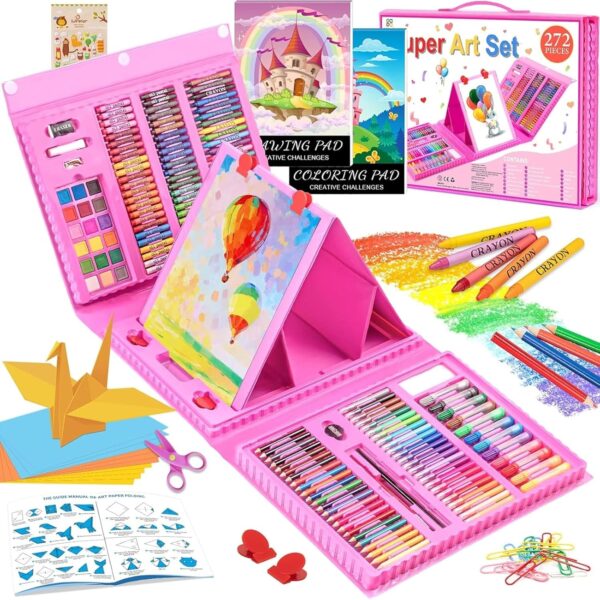 272-Piece Art Set – Pink Deluxe Kit with Easel, Coloring Book, Pencils & More