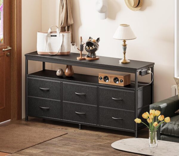 47" LED TV Stand with Power Outlets – 6-Drawer Black Dresser for TVs up to 55"