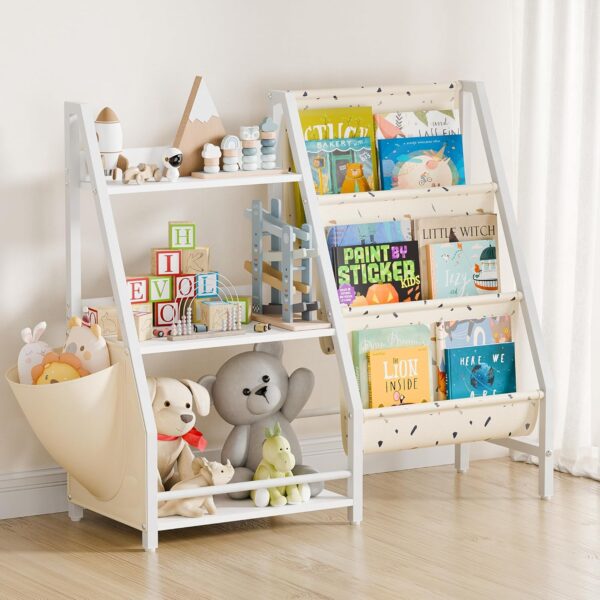 "Kids Sling Bookshelf with Toy Storage – White Montessori Shelf for Toddlers' Rooms"