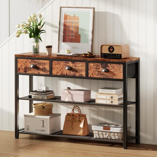 38" Entryway Table – Rustic Brown, 3 Drawers, Storage Shelves