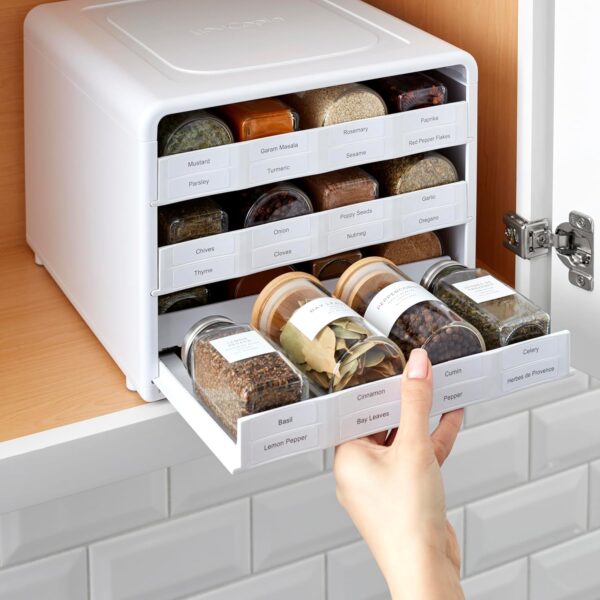 SpiceStack Adjustable Spice Rack – Pull-Down 24-Bottle Organizer with 104 Labels