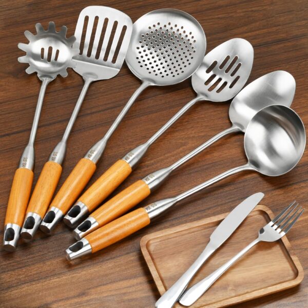 6-Piece 304 Stainless Steel Kitchen Serving Utensils Set – Wooden Handle, Heat-Resistant & Dishwasher Safe