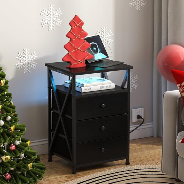 Set of 2 LED Nightstands with Charging Station – Black Wood Side Tables for Bedroom or Living Room