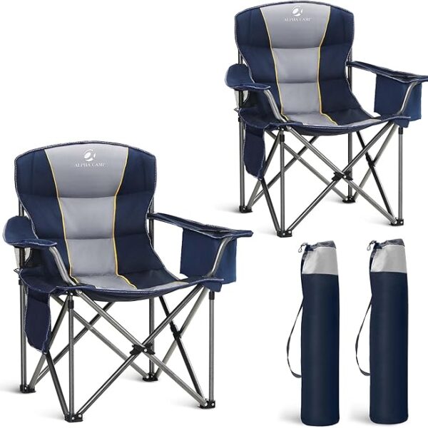 2-Pack Oversized Folding Camping Chairs – Heavy-Duty Padded Outdoor Chairs with Cup Holder, Storage & Cooler Bag, 450 lbs. Capacity