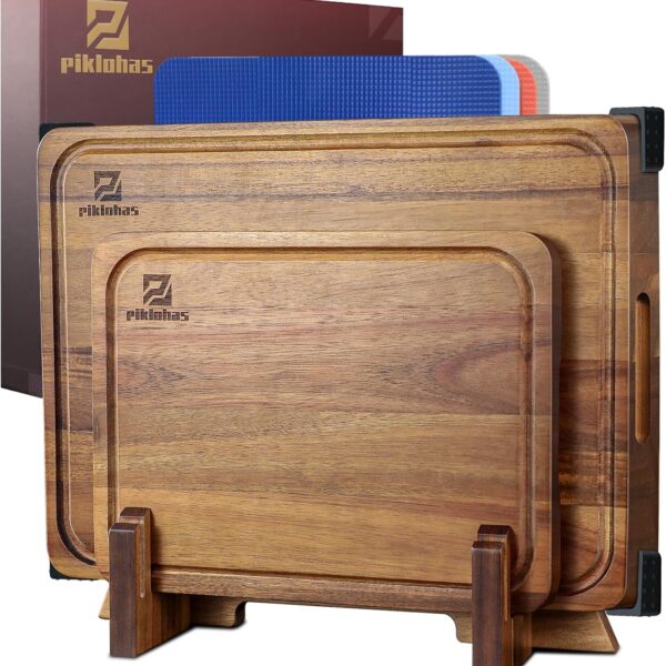 7-Piece Large Cutting Board Set – Acacia Wood & Plastic Mats with Holder, Juice Groove & Non-Slip Design