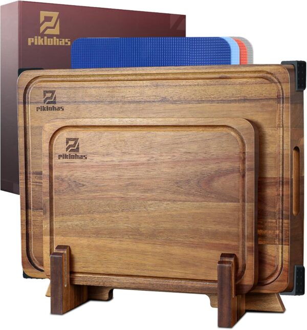 7-Piece Large Cutting Board Set – Acacia Wood & Plastic Mats with Holder, Juice Groove & Non-Slip Design