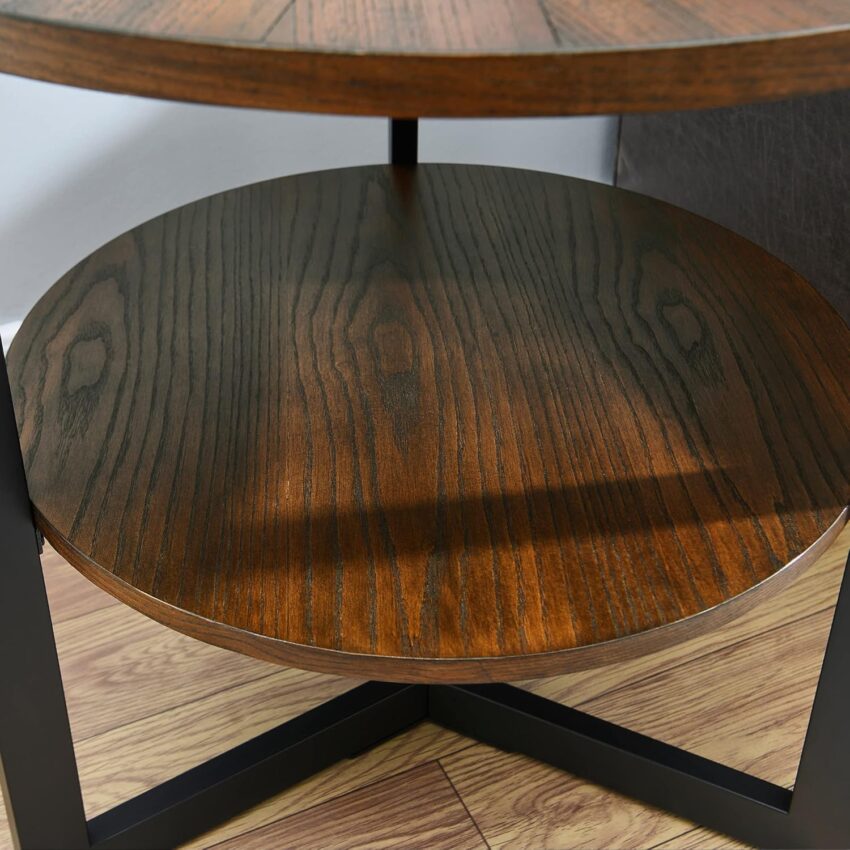 Large Rustic Round End Table – Solid Wood with Shelf & Black Metal Legs