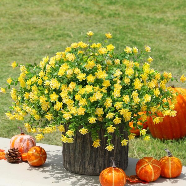 12 Bundles Yellow Artificial Spring Flowers – UV Resistant Faux Shrubs for Outdoor Porch, Patio & Garden Decor