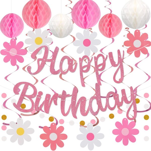 Pre-Strung Birthday Decorations – Banner, Honeycomb Balls, Swirls & Garland (Pink, No DIY Required)