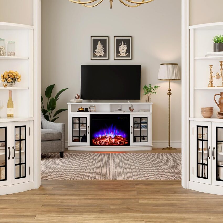 65" Curved Corner Cabinet – 5-Tier Bookcase with Glass Doors & Adjustable Shelves (Distressed White)