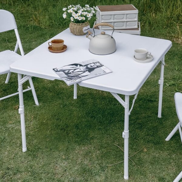 Square Folding Table with Handle – Adjustable Height, Portable White Plastic Table for Picnic, Party & Events