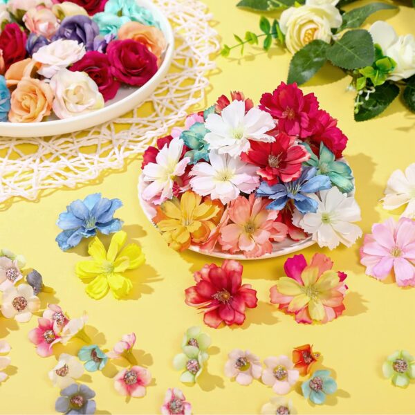 160 Pcs Mini Faux Flower Heads – Multicolor Silk Peony, Daisy, Rose & Plum Blossoms for DIY Crafts, Wedding & Home Decor