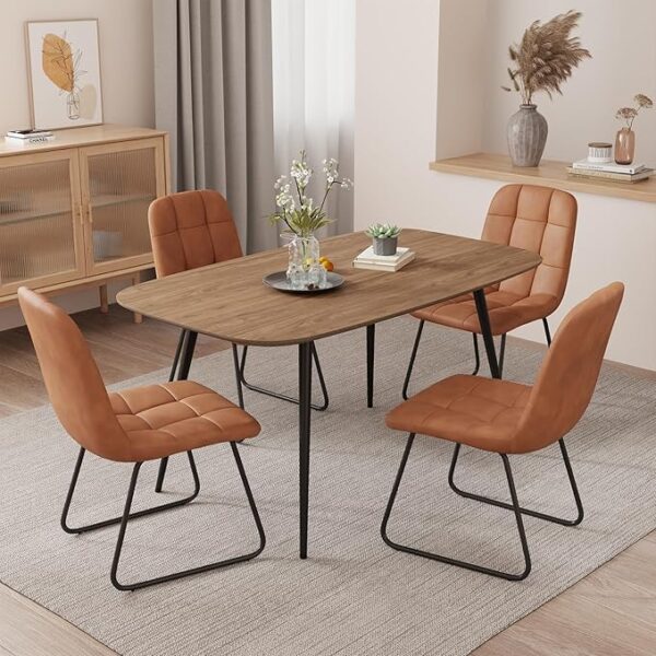 "47.2'' Walnut Dining Table Set with 4 Brown Leather U-Shaped Chairs"