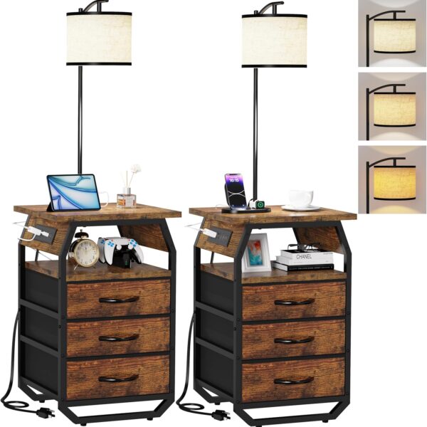Set of 2 Floor Lamps with Table – Nightstand with 3-Color Bulb, 3 Drawers & Charging Station (Rustic Brown)