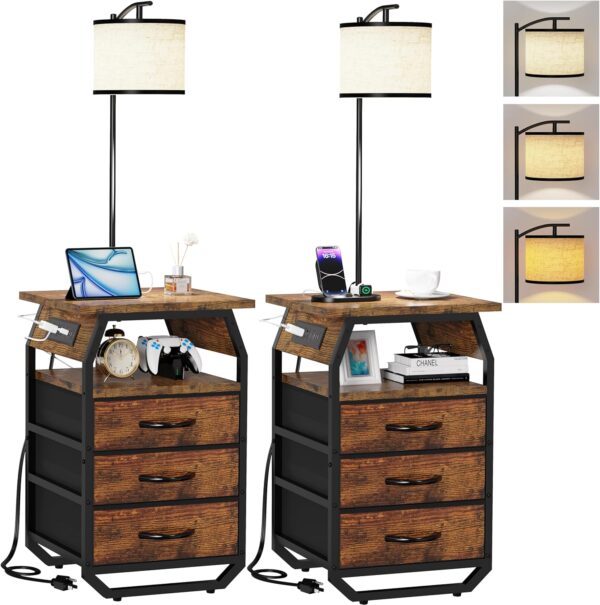 Set of 2 Floor Lamps with Table – Nightstand with 3-Color Bulb, 3 Drawers & Charging Station (Rustic Brown)