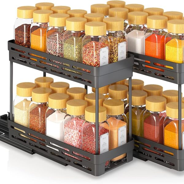 2 Pack Pull-Out Spice Rack Organizers – 2-Tier Slide-Out Cabinet Storage, Holds 10 Jars Each