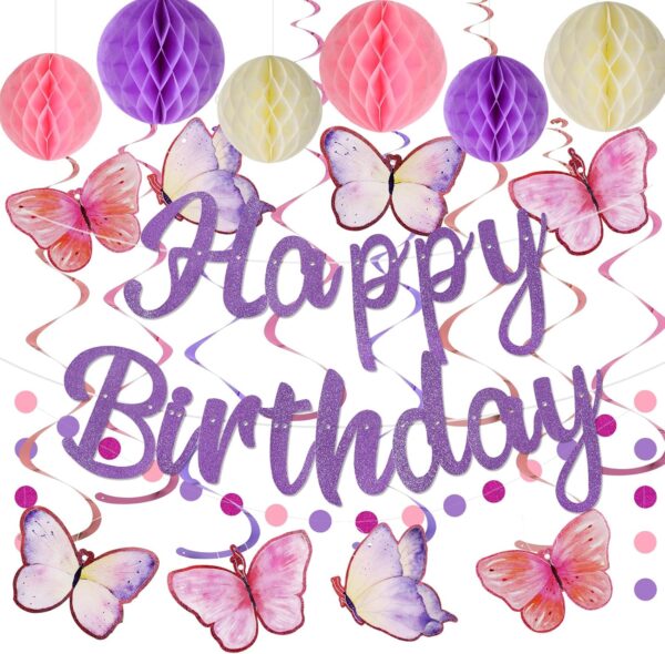 Purple Birthday Decorations – Pre-Strung Banner, Honeycomb Balls, Swirls & Garland (No DIY Needed)