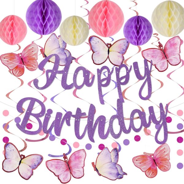 Purple Birthday Decorations – Pre-Strung Banner, Honeycomb Balls, Swirls & Garland (No DIY Needed)
