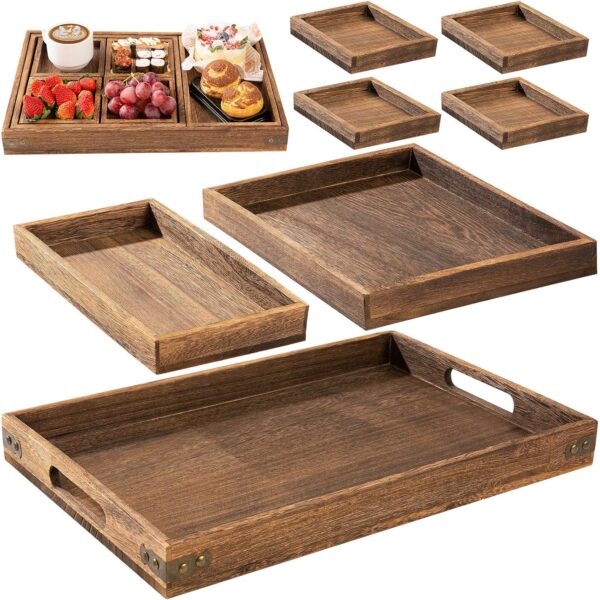 Set of 7 Rustic Wooden Serving Trays with Handles – Rectangular Platters for Entertaining & Home Decor