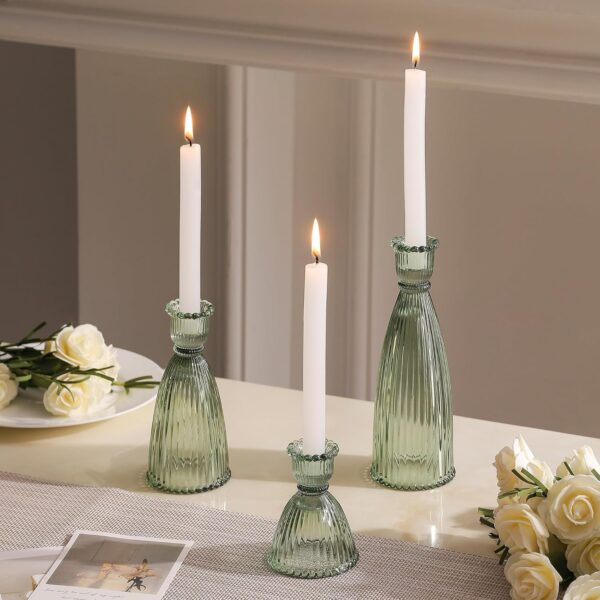 Set of 3 Vertical Stripe Glass Candlestick Holders – Green Vintage Decor